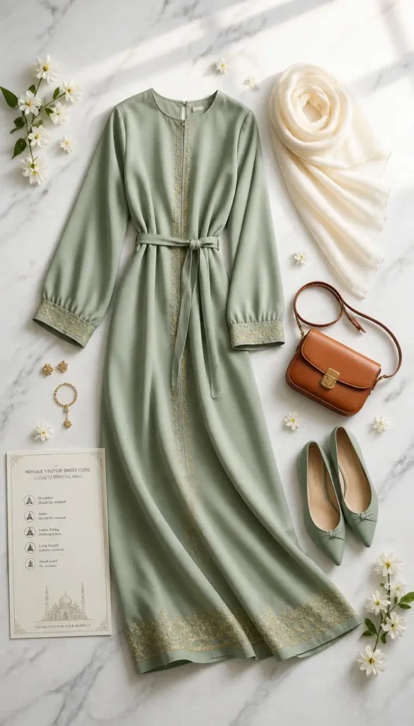 A premium flat lay showcasing what to wear to a mosque as a non Muslim woman, featuring a sage green long-sleeved maxi dress with gold embroidery, a cream pashmina headscarf, a brown leather crossbody bag, matching sage green flat shoes, and a mosque dress code guide paper on a marble background
